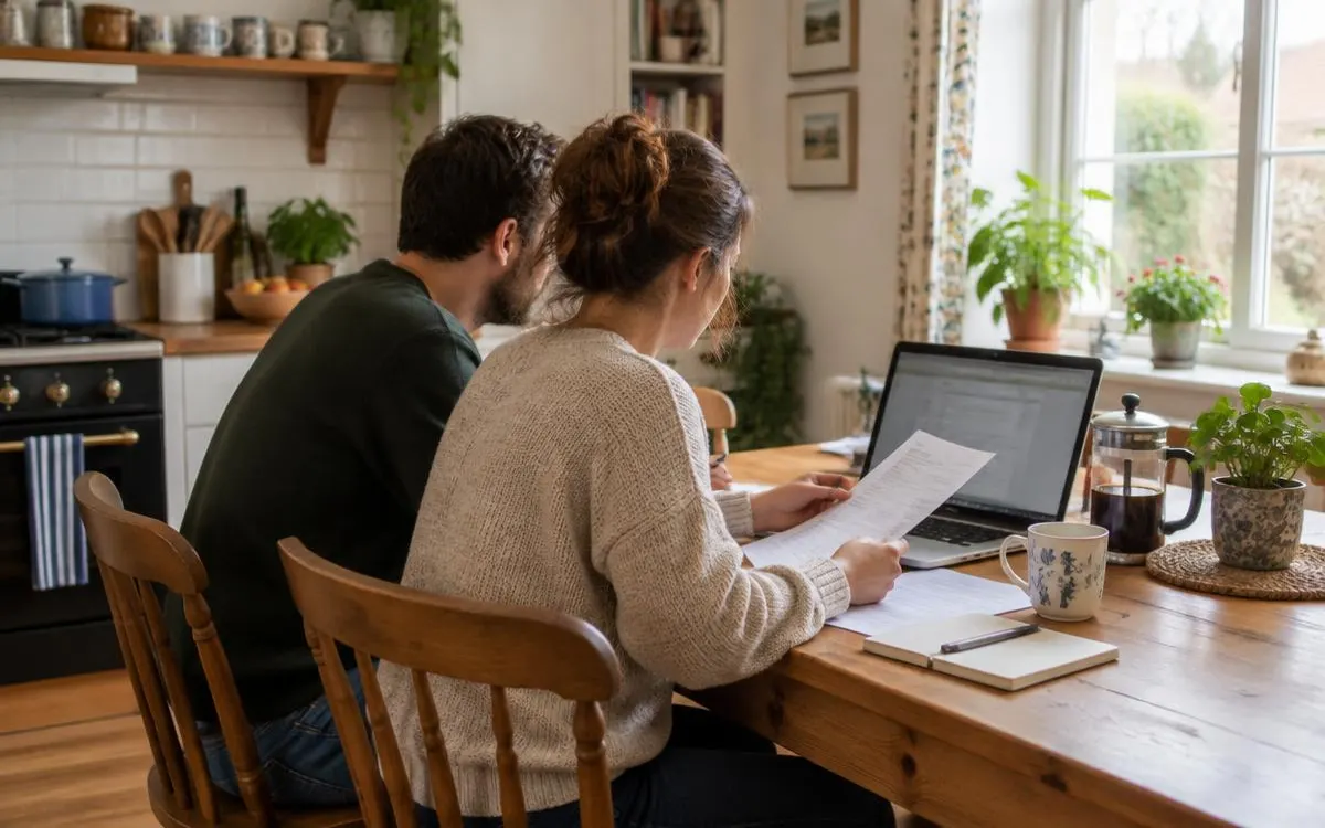 Couple seen from behind at a wooden kitchen table, reading paperwork beside an open laptop