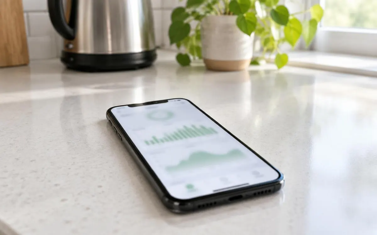 Smartphone on a kitchen worktop showing a blurred energy app with green charts, a kettle and plant behind