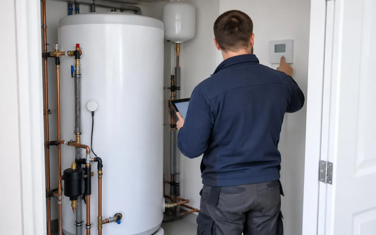 Engineer seen from behind adjusting wall-mounted heating controls next to a white hot water cylinder and copper pipework