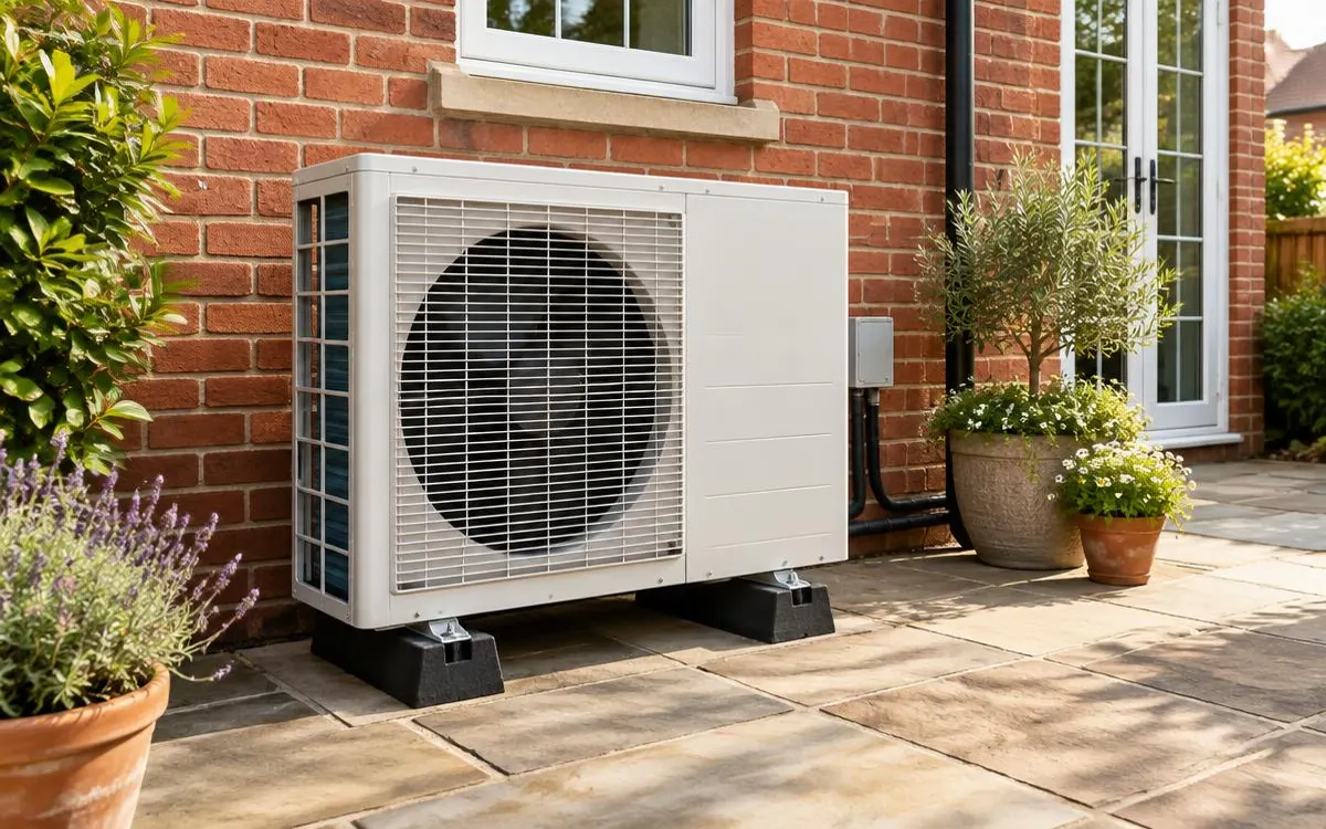 White air source heat pump unit standing on a stone patio beside a red brick house wall, with potted plants