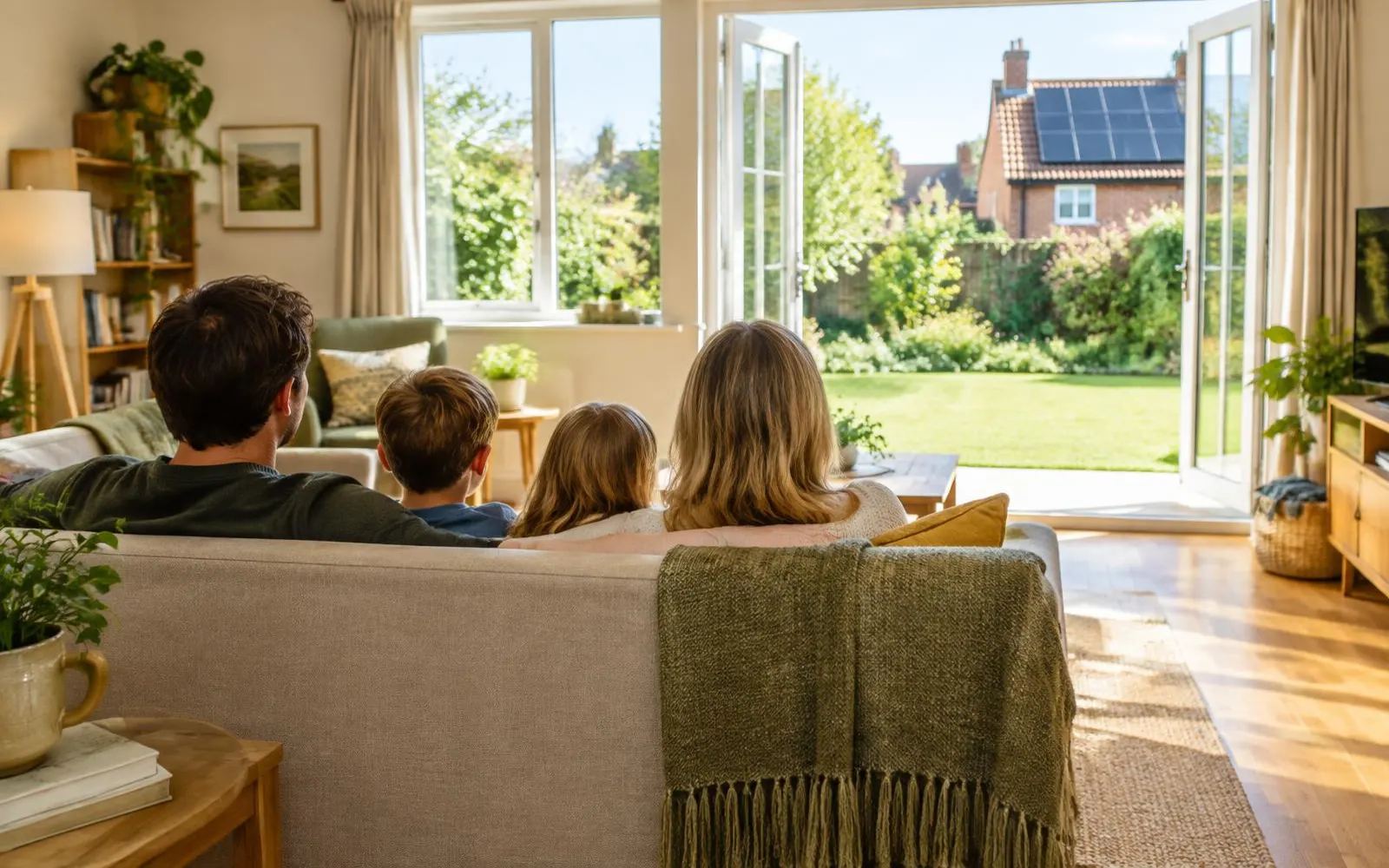 Family sitting on a sofa seen from behind, looking out through open garden doors to a lawn and a neighbouring brick house with solar panels on its roof