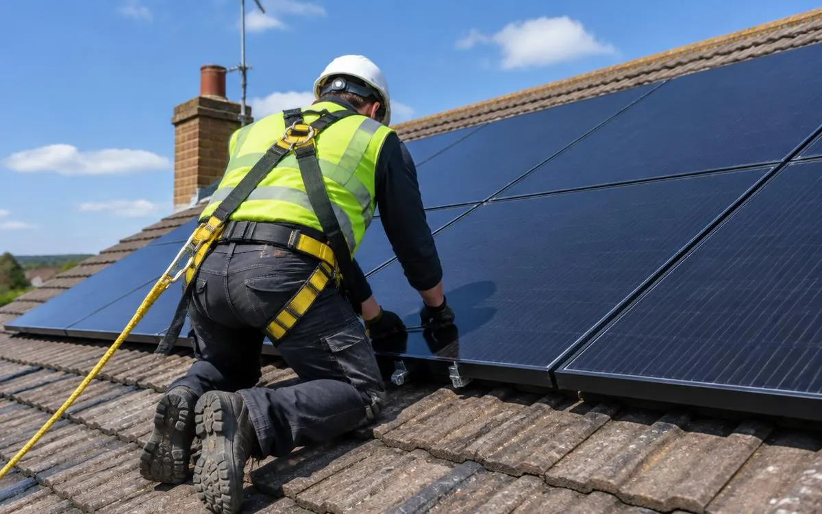 Installer in a hi-vis vest, helmet and safety harness fitting black solar panels on a tiled roof, seen from behind