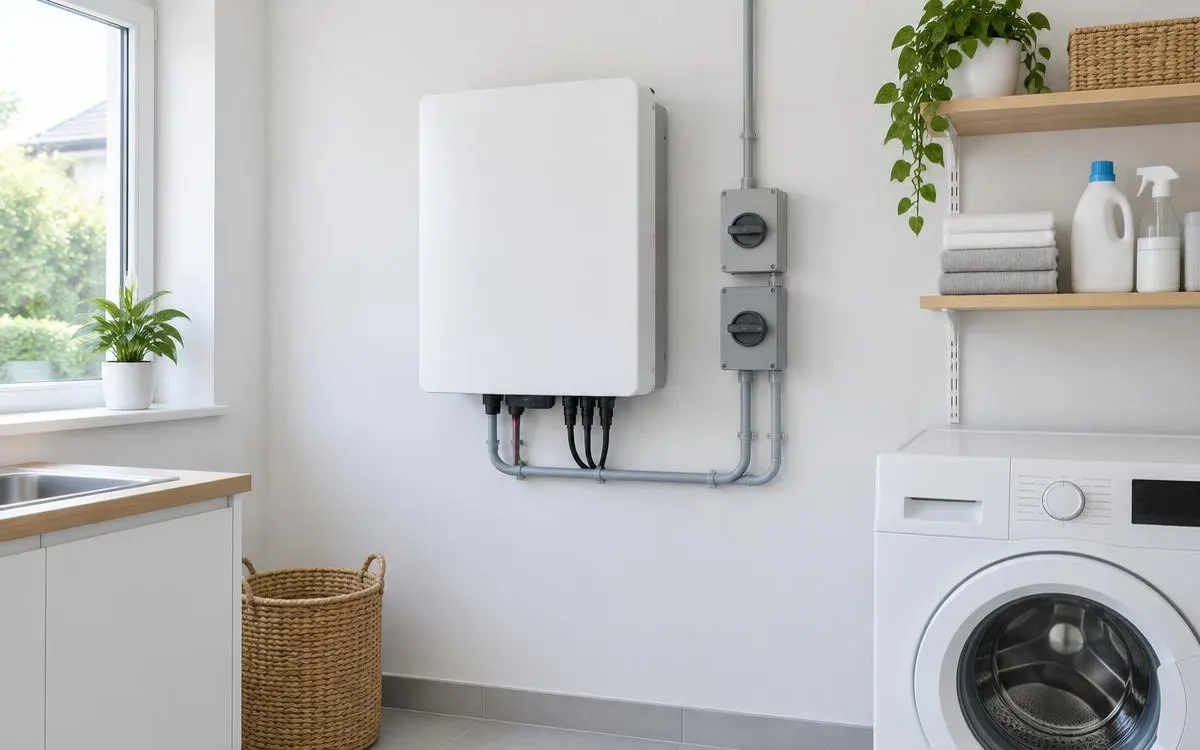 White solar inverter and two grey isolator switches mounted on the wall of a bright utility room beside a washing machine