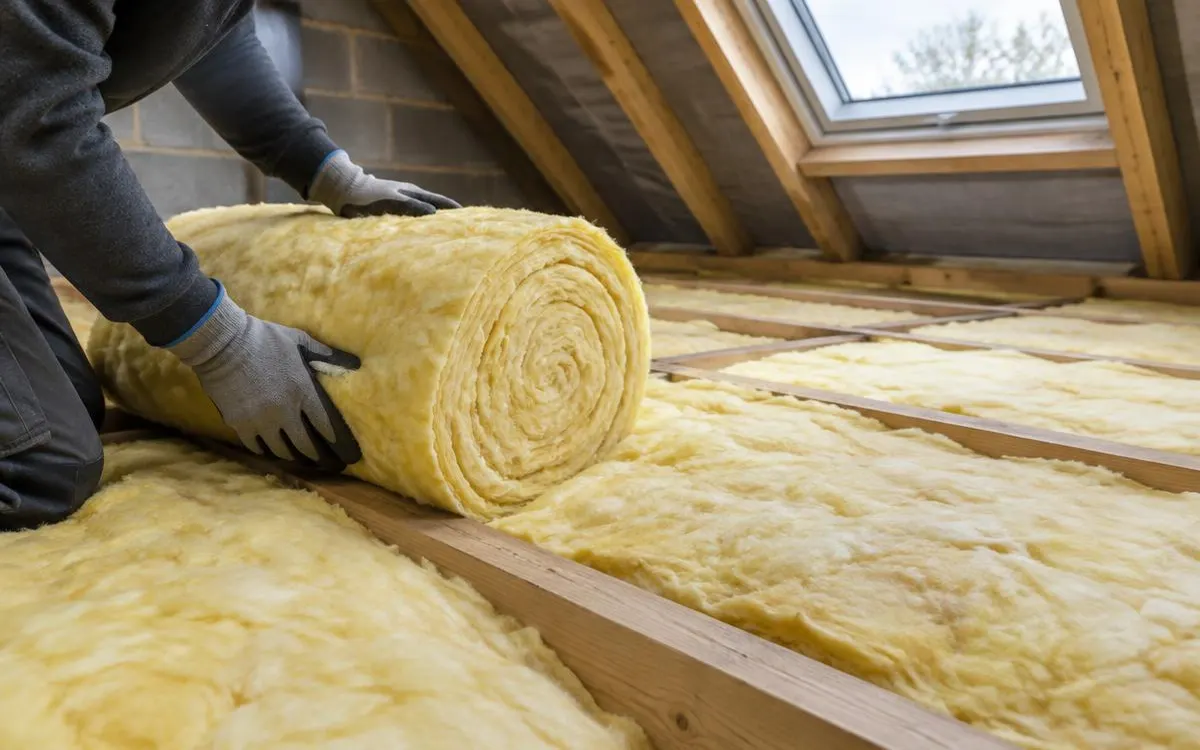 Gloved hands unrolling yellow mineral wool insulation between wooden loft joists