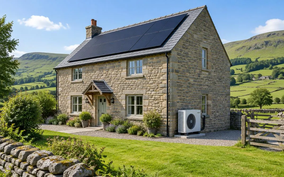 Detached stone house in green countryside with black solar panels on the roof and an air source heat pump beside the wall