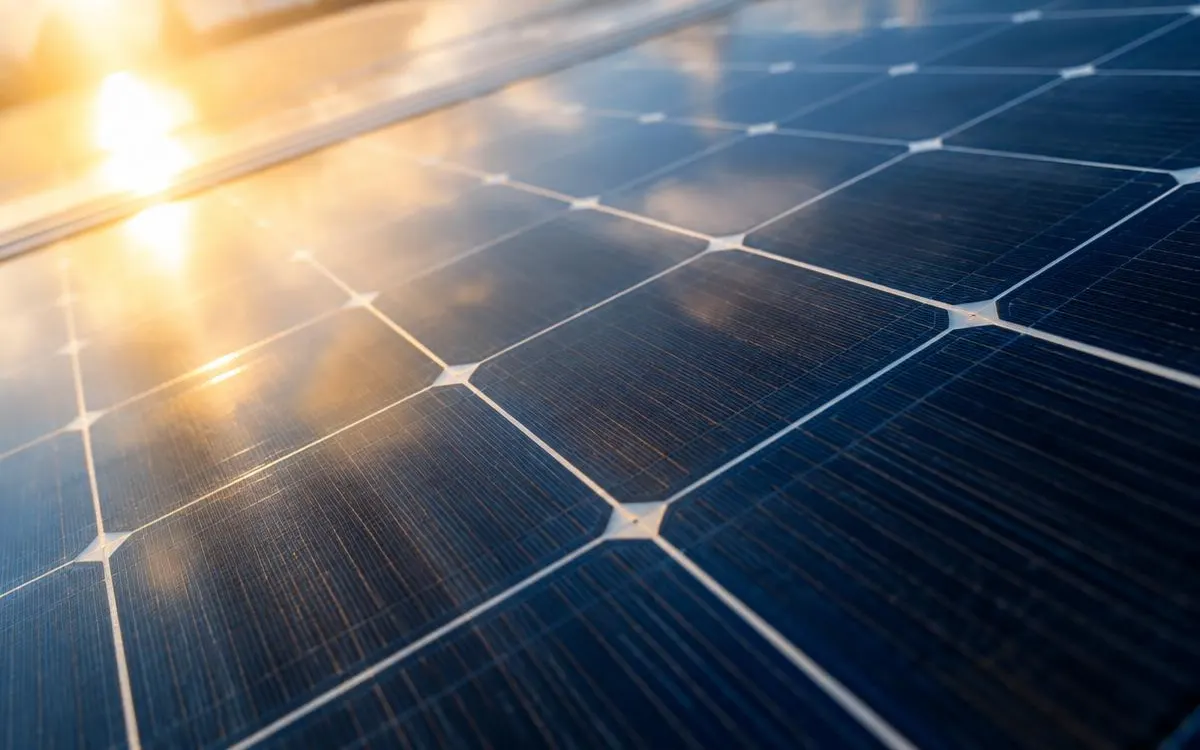 Close-up of dark blue solar panel cells reflecting warm sunlight