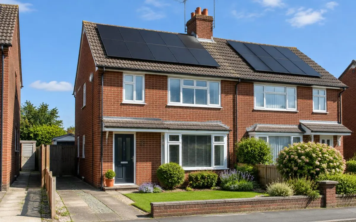 Red brick semi-detached house with black solar panels on its tiled roof on a sunny day