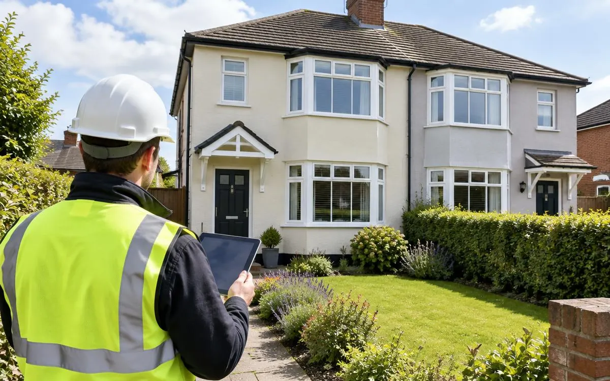 Surveyor in a hi-vis vest and hard hat, seen from behind, holding a tablet while assessing a rendered semi-detached house