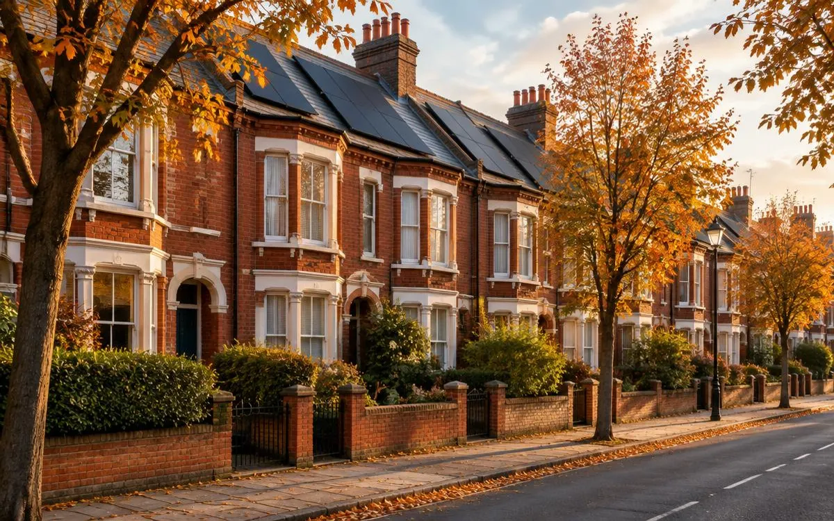 Row of red brick Victorian terraced houses, some with solar panels on the roof, in golden autumn light